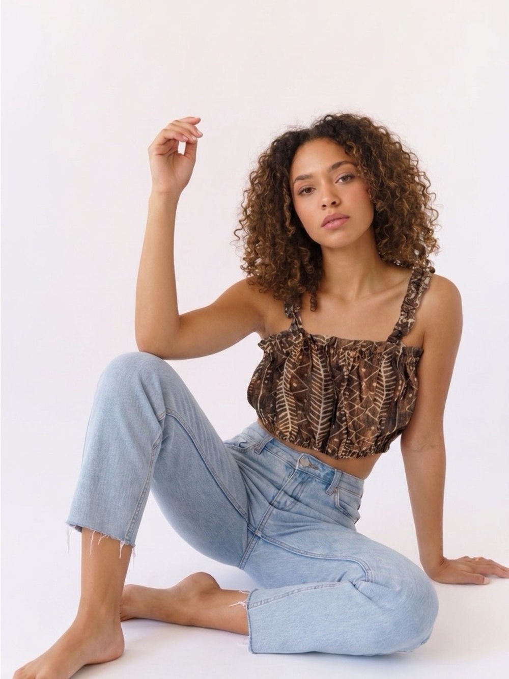 Elan Brown Printed Ruffled Strap Crop Top